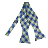 Royal Blue and Pear Green Basket Plaid Woven Self Tie Bow Tie