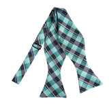 Multi Aqua Blue, Green, Black and Silver Plaid Woven Self Tie Bow Tie